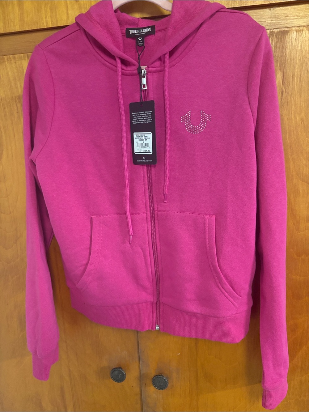 NWT True Religion Hot Pink Bling Butterfly Logo Zip Hoodie